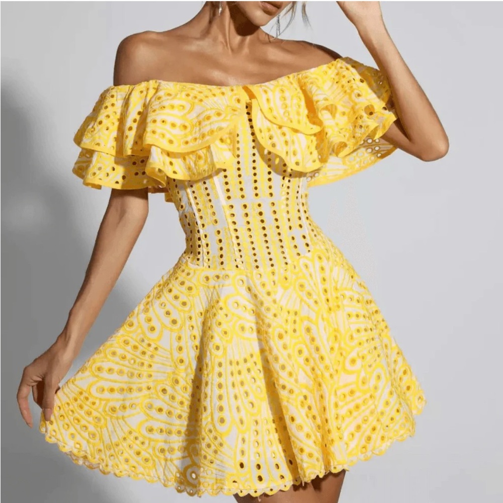 Mew Mews Yellow White Fit Flare Off The Shoulder Ruffle Mini Sexy Party Dress